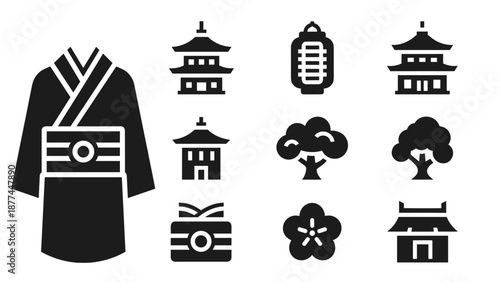 Traditional japanese symbols in simple black silhouette design