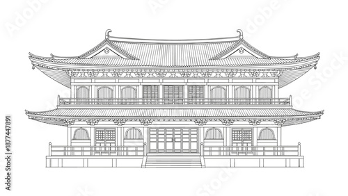 Detailed line art of traditional japanese temple architecture