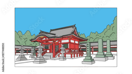 Traditional japanese shrine in colorful outline against a clear blue sky