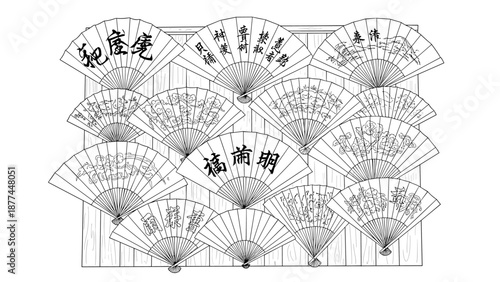 Intricate handheld fans with calligraphy and figures on wall display