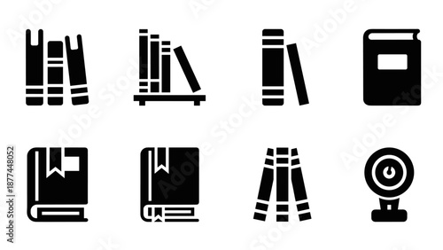 Minimalist book and bookcase icons set in black silhouette style
