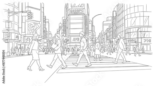 Busy city street with pedestrians in a linear urban landscape
