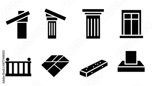 Minimalist black and white icons of architecture elements and structures