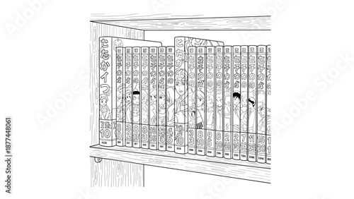 Black and white manga bookshelf with detailed anime characters in inked style