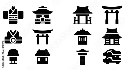 Minimalist japanese icons: kimono, torii, pagoda, and traditional architecture