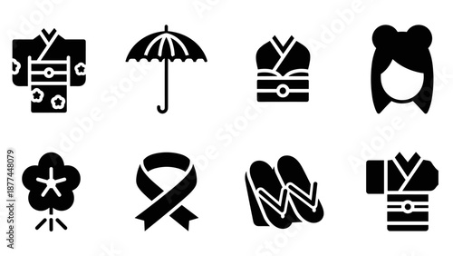 Traditional japanese culture icons in solid black silhouette style