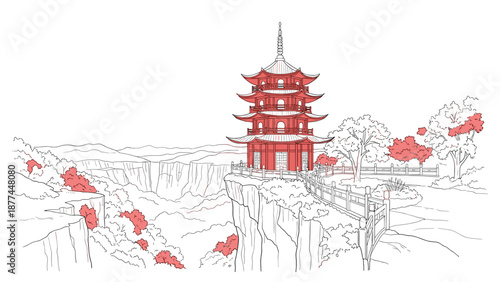 Red pagoda on cliff edge amid serene landscape in minimalist style