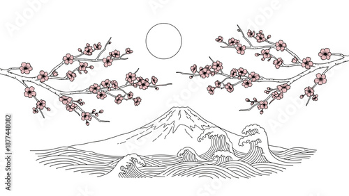 Japanese landscape with cherry blossoms, mount fuji, and ocean waves in line art