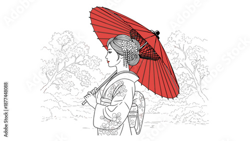 Woman in kimono with red umbrella in traditional japanese landscape scene