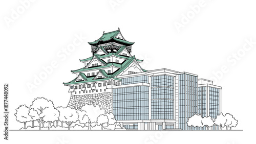Historic japanese castle and modern building line art fusion