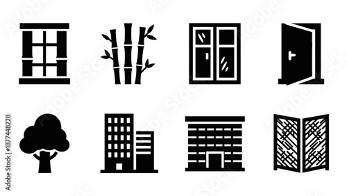 Collection of minimalist black silhouettes of buildings, windows, and nature elements