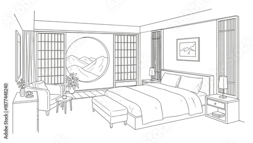 Minimalist linear bedroom design with japanese shoji doors and mountain view