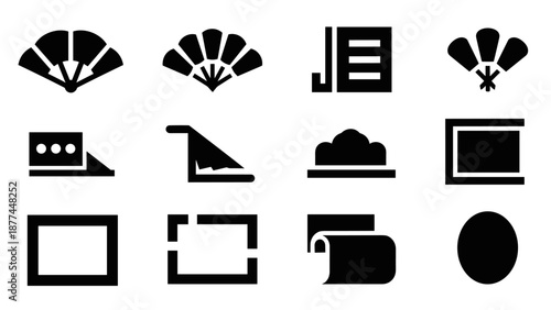 Minimalist black icon set featuring japanese elements and geometric shapes