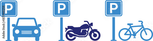 Vehicle parking zone sign set with car motorcycle and bicycle icon