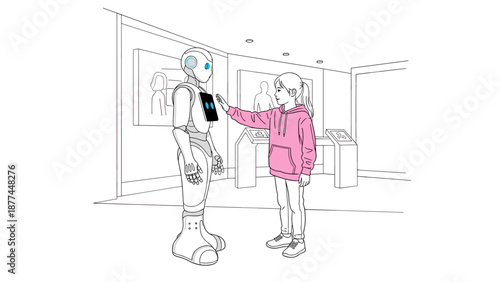 Young girl interacting with humanoid robot in modern exhibition space