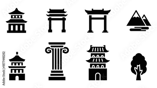 Minimalist architectural icons: pagodas, gates, and columns in black silhouette