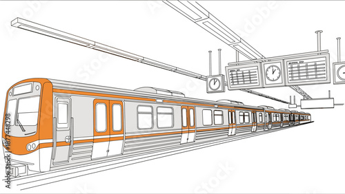 Urban train arriving at underground platform with minimalist line art design