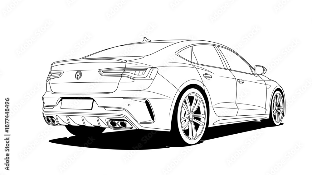 Fototapeta premium Modern car line art: sleek sedan outline in black and white for design projects