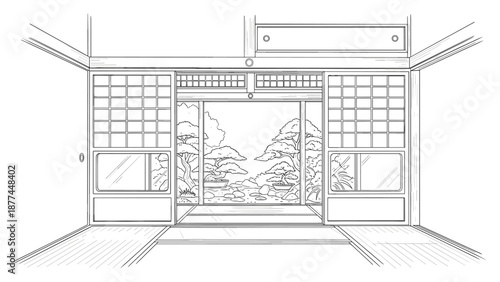 Traditional japanese room with open sliding doors overlooking zen garden in linear style