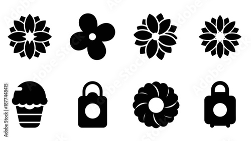Minimalist icon set of floral designs and everyday objects in black silhouette style