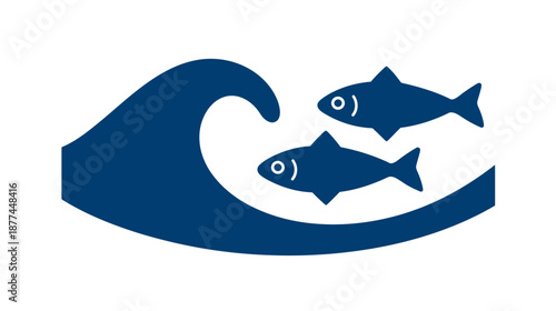 Stylized illustration featuring two fish swimming near ocean waves.  Dark blue on a white background