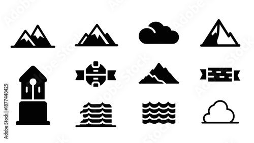 Adventure icon set: mountains, water, clouds, and banners in silhouette style