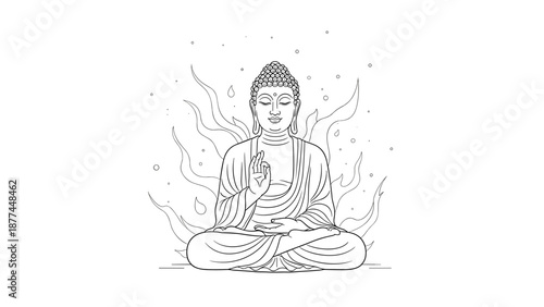 Calm meditating buddha line art with halo and aura on white background