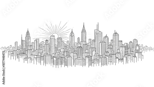 Urban cityscape with skyscrapers and rising sun in linear art style