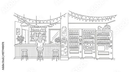 Cozy indoor café with beverage and snack vending machines in linear style