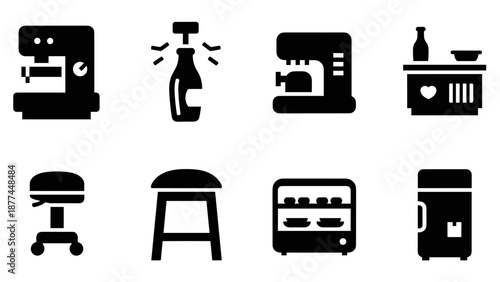 Silhouette icons of kitchen appliances and furniture for modern design