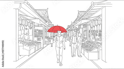 Walking in a busy asian market street on a rainy day with red umbrella