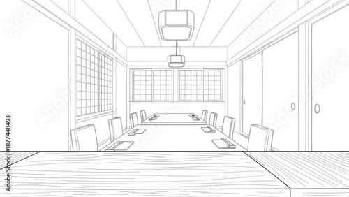 Minimalist line art of traditional japanese meeting room with tatami and sliding doors