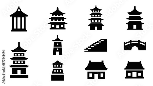 Set of traditional asian pagoda and architecture silhouettes for design projects
