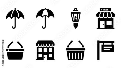Minimalist urban icons: umbrella, lantern, buildings, basket, signpost