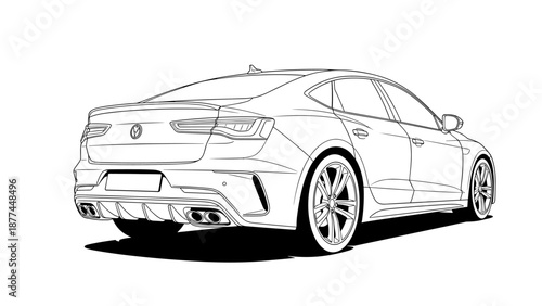 Modern car line art: sleek sedan outline in black and white for design projects