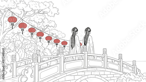 Traditional asian scene with red lanterns and women on bridge in linear style