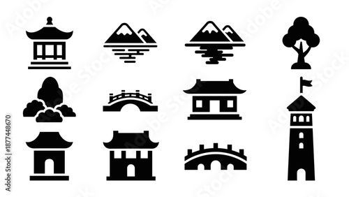 Silhouette icon set of asian architecture and nature elements