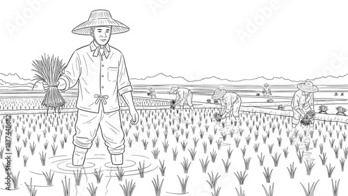 Farmers harvesting in rice fields: traditional agriculture in black and white linear art