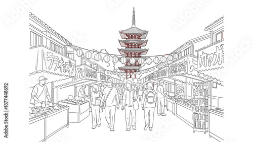 Linear sketch of traditional japanese street market with pagoda and lanterns
