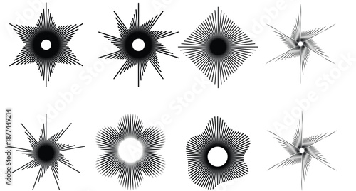 Sunburst design elements collection. Retro sunburst design. Circular beams vector. Sun rise light round decoration elements. Abstract radial line sunburst vector background. Vector illustration. 