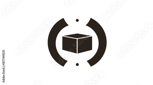 A geometric abstract illustration of a dark brown cube within an arc, with two circles
