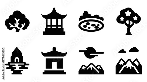 Black and white nature and cultural icon set featuring trees, mountains, and architecture