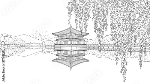 Tranquil asian pagoda reflection at sunrise in detailed line art