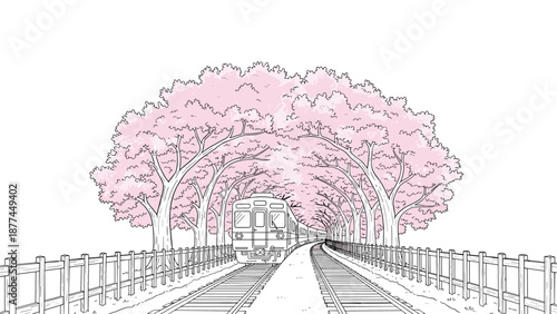 Springtime train journey through blossoming trees in elegant outline style