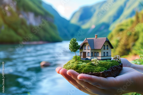 island with house and backyard in woman's hands generative ai Miniature house on the river bank with mountains in the background. 