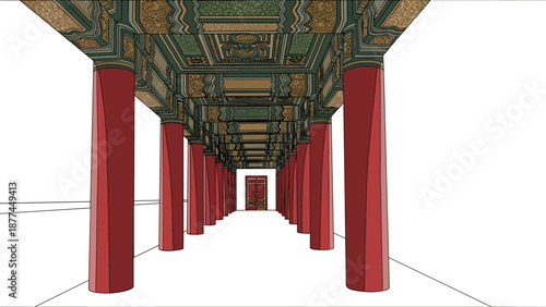 Traditional asian architecture: intricate ceiling and columns in perspective