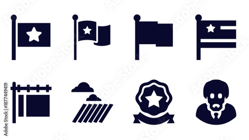 Monochrome symbol collection: flags, awards, landscapes, business icons