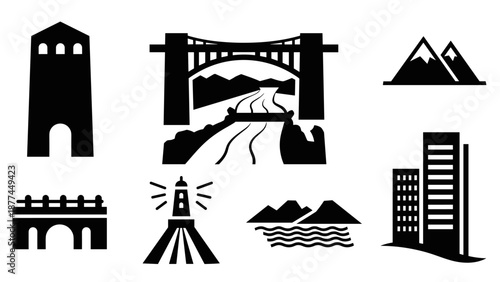 Silhouette icons of landmarks featuring bridges, mountains, and cityscapes