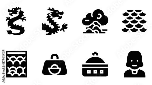 Bold silhouette icons of dragons, clouds, patterns, and asian themes