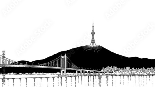 Minimalist cityscape with tower and bridge at mountain base